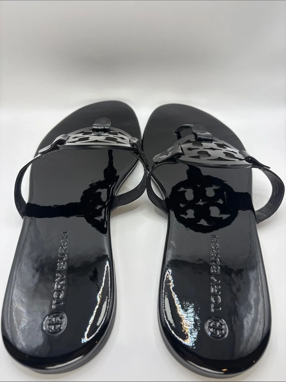 Tory Burch Miller Black Patent Logo Thong Sandals